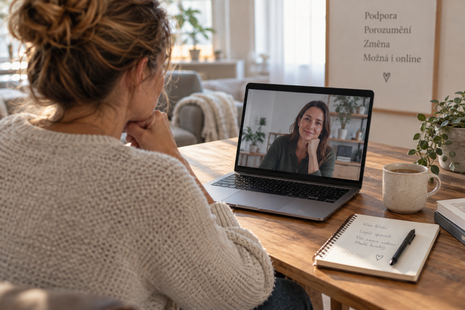 Žena na video hovoru s terapeutkou na notebooku, doma u stolu s hrnkem čaje a poznámkovým blokem