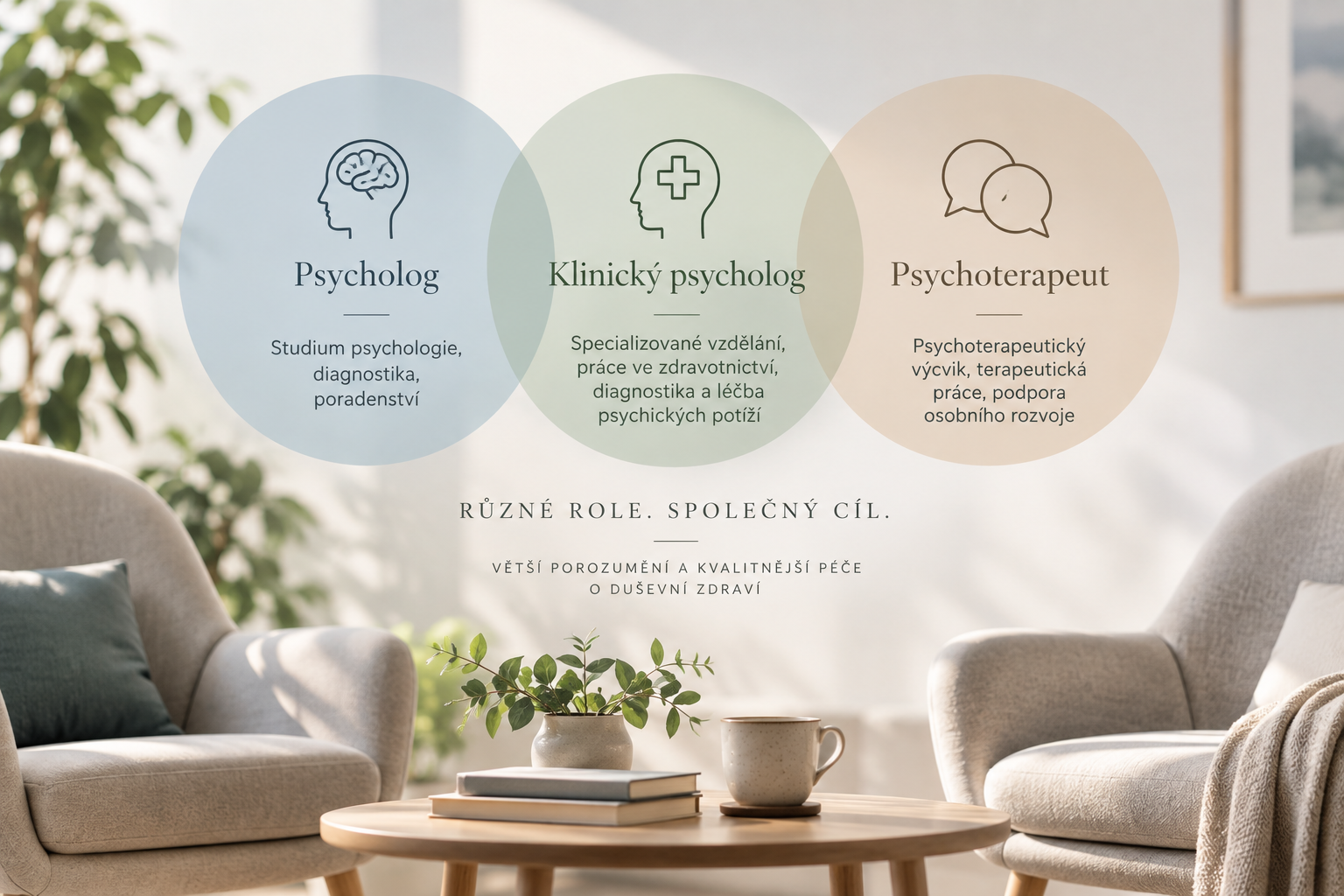 Diagram tří překrývajících se kruhů znázorňujících rozdíly a společné body mezi psychologem, klinickým psychologem a psychoterapeutem